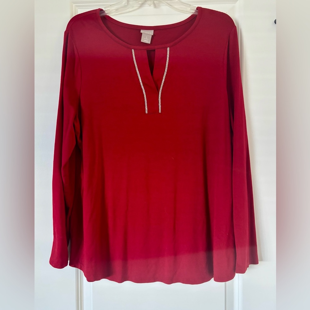 Chico’s Red Scoop Neck Blouse with Sliver Bead Detail – Size 2 (US 12)